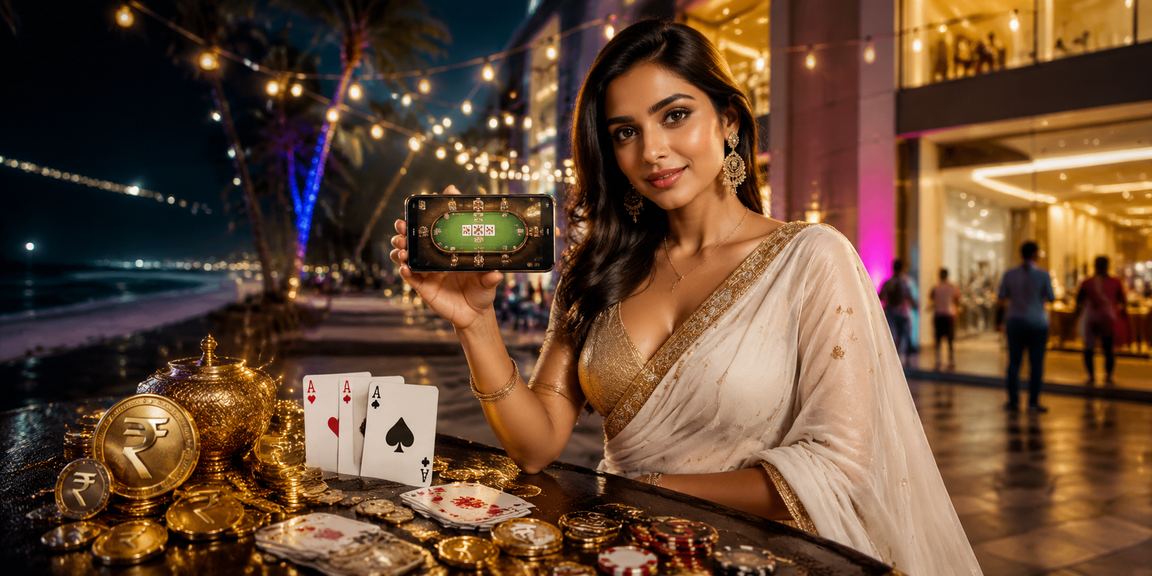 Indian woman enjoying online game in traditional colorfully patterned saree