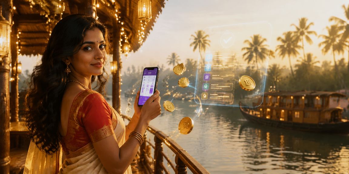 Happy young Indian woman gaming on mobile device at Kerala backwaters